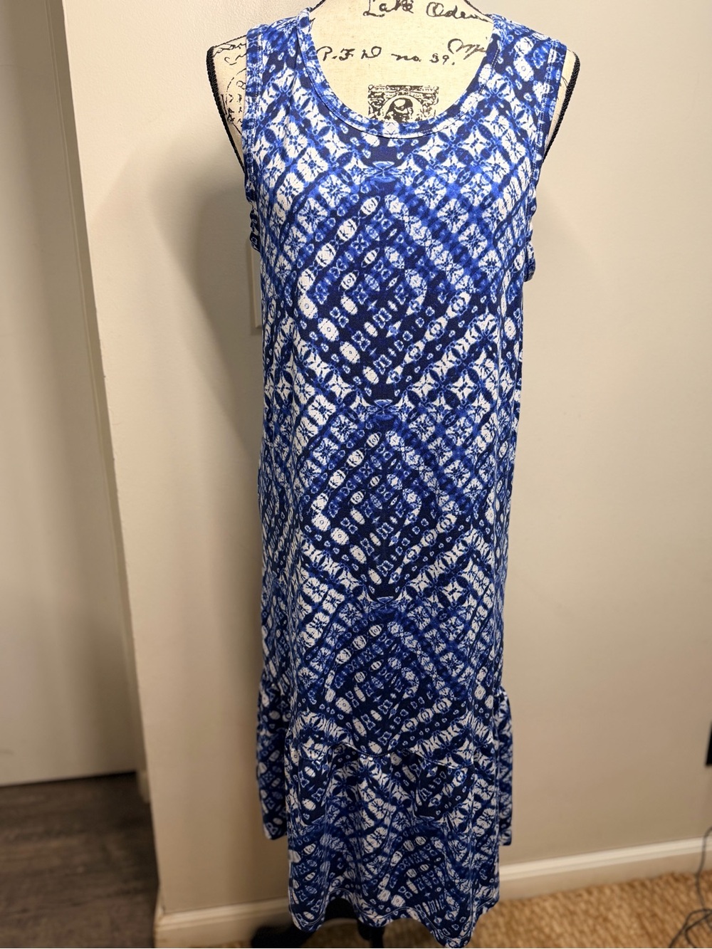 Cuddl Duds M Blue White Shibori Print Sleeveless Nightgown Sleepwear Boho Indie